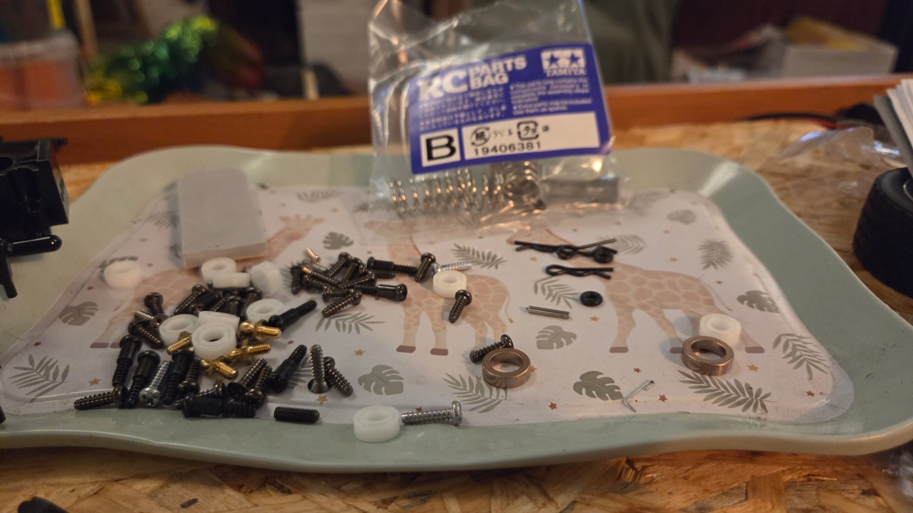 Tamiya MB-01 Mini Cooper Racing parts bag in tray