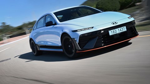Best electric cars 2025: - Hyundai Ioniq 6 N, blue, front, driving round corner