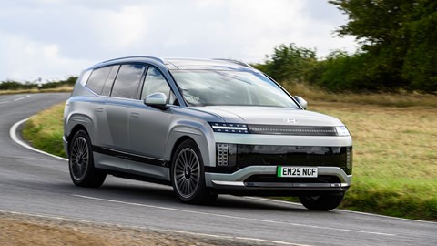 Best electric cars 2025 - Hyundai Ioniq 9, front, grey, driving round corner