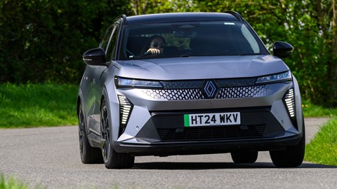 Best electric cars 2025 - Renault Scenic E-Tech, silver, front, driving round corner